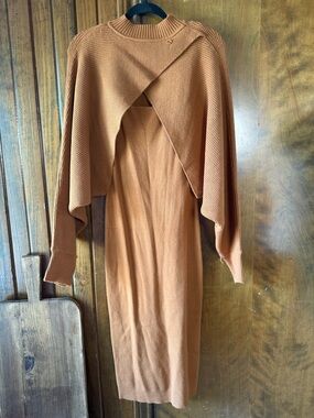 HYFVE Rust Brown Knit Dress with Layered Cape Shrug